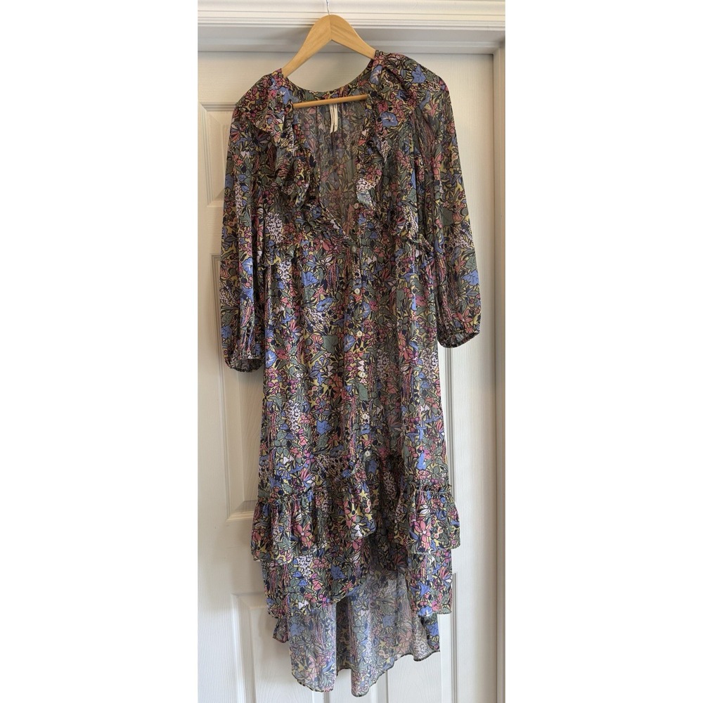 Anthropologie Floral‎ Midi Dress Women XXS Multicolor Ruffle High-Low Button